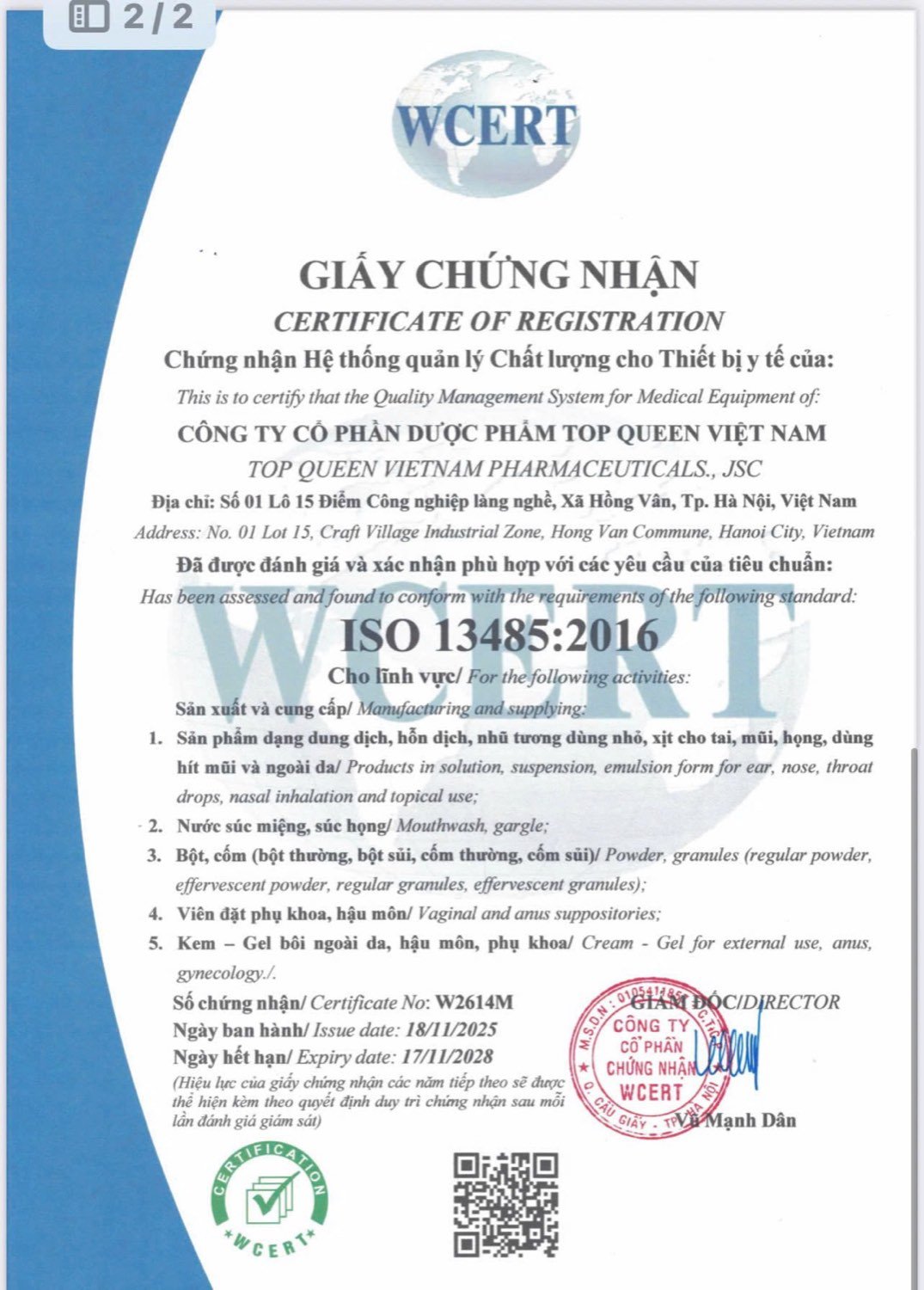 Chứng nhận ISO 13485:2016 của Topqueen
