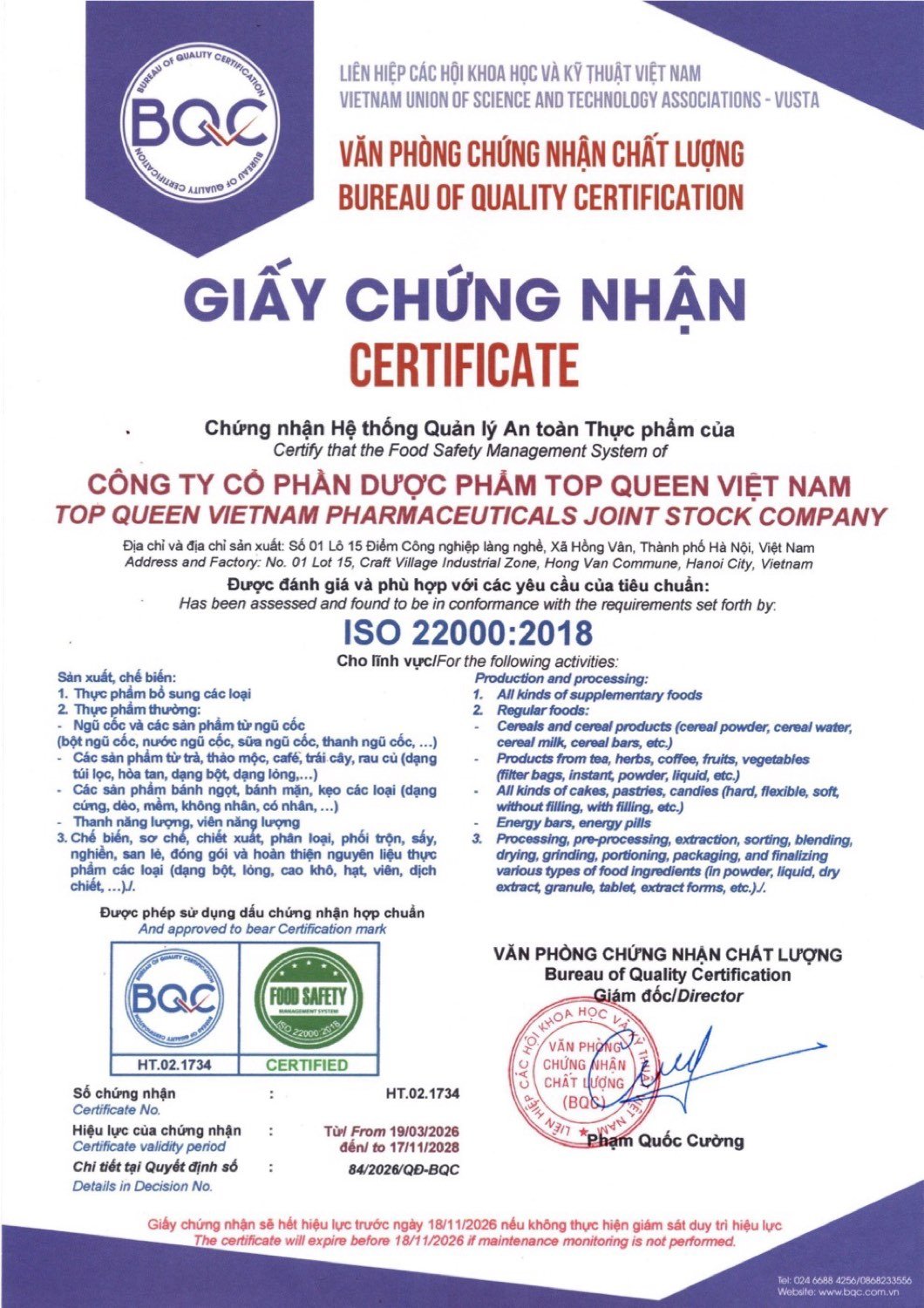 Chứng nhận ISO 22000 của Topqueen