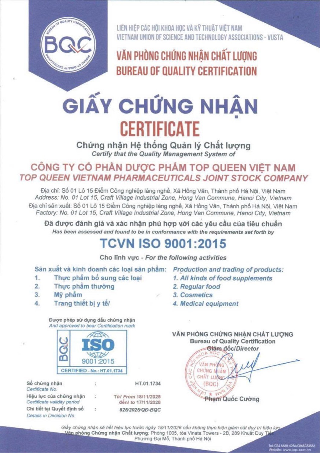 Chứng nhận ISO 9001:2015 của Topqueen